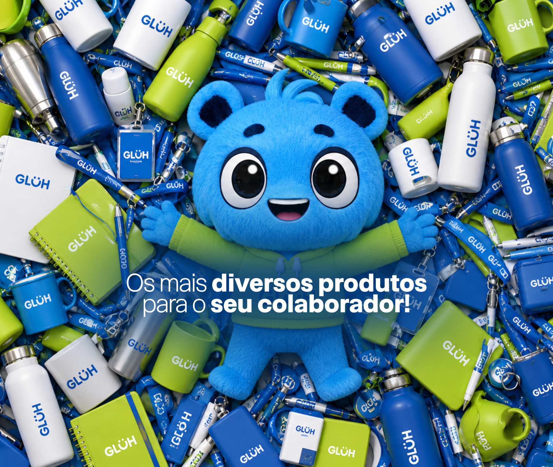 Mascote da Glüh entre produtos personalizados para colaboradores