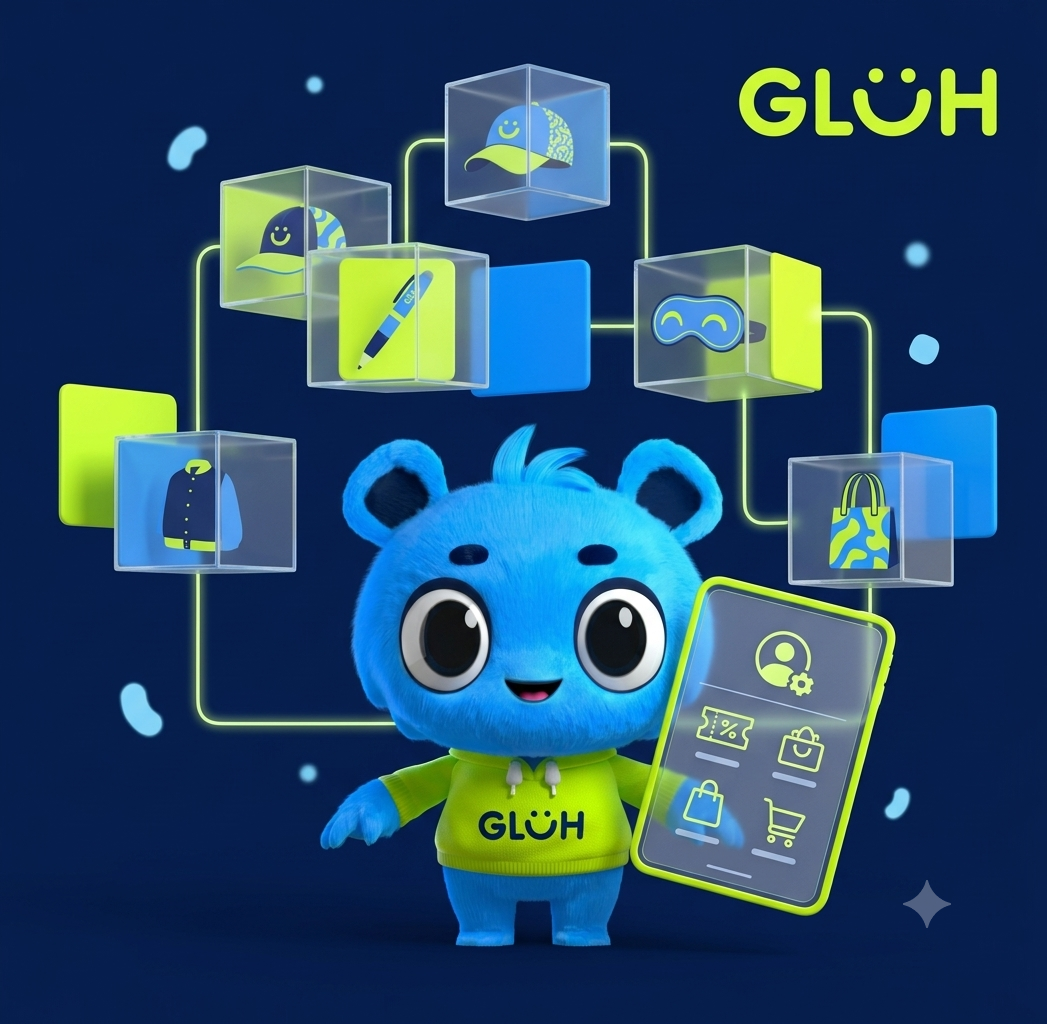 Mascote da Glüh apresentando uma loja corporativa digital